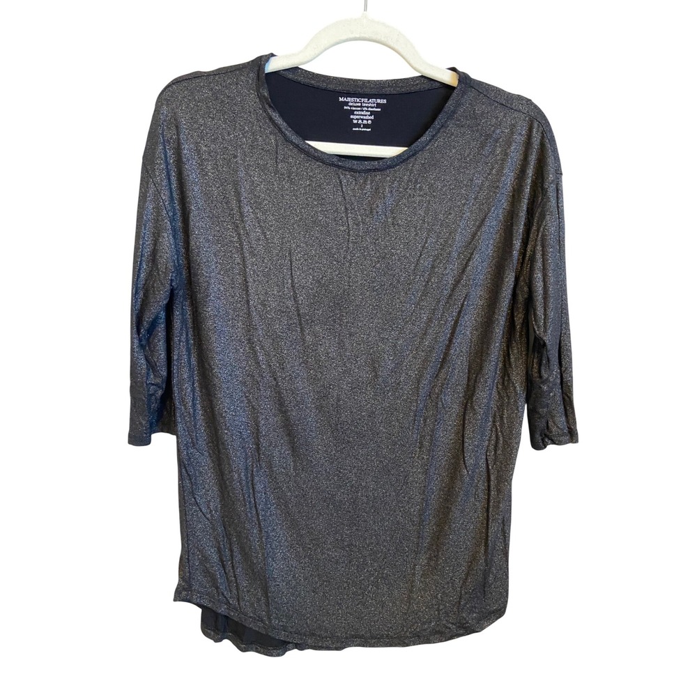 Majestic Filatures Deluxe Tee Charcoal Metallic Shimmer 3/4 Sleeve Top Size 2